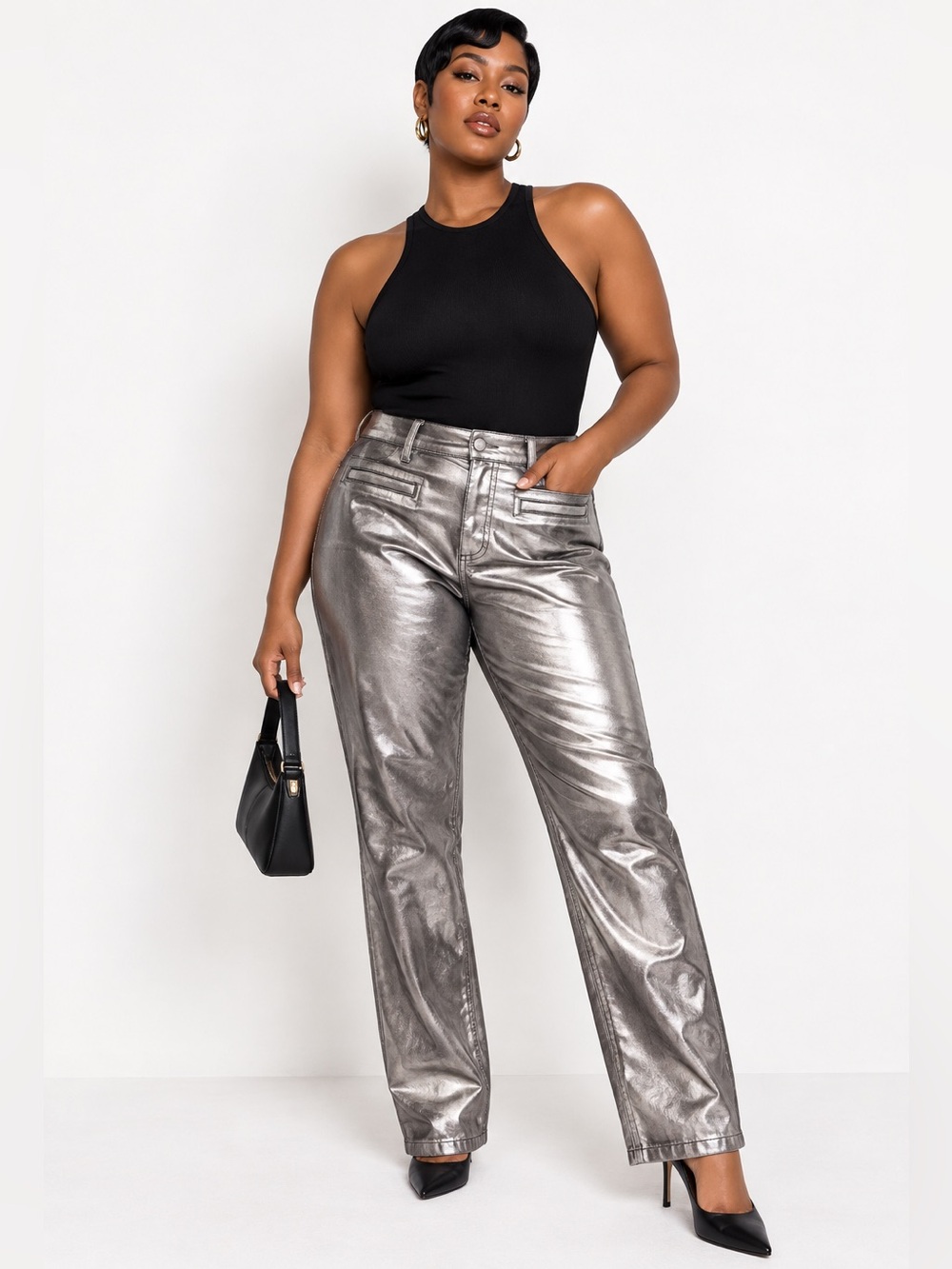 Westbound Woman Silver Metallic Pants 18W NWT High Rise Straight Leg Party